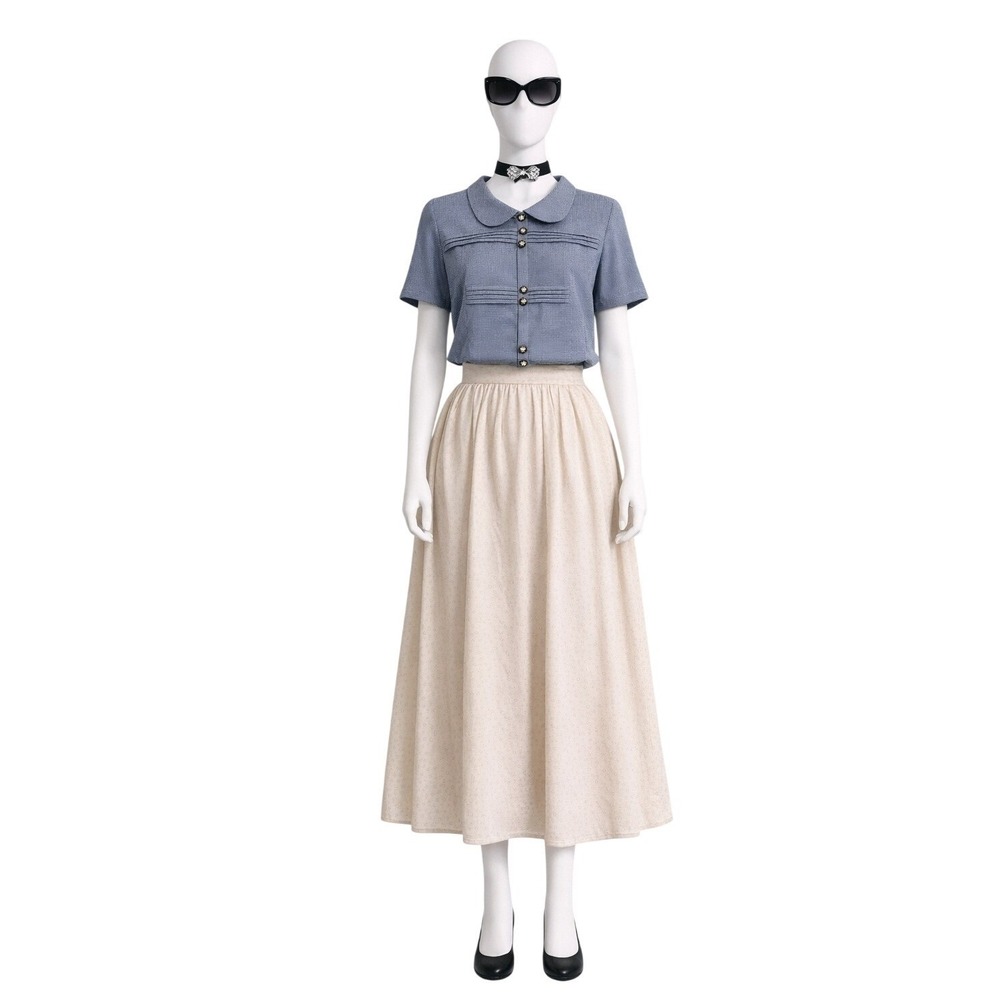 VTG Blue Houndstooth Peter Pan‎ Collar Short Sleeve Button Up Top 16P
